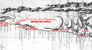 1793년 안드레스 발레아토의 지도에는 스페인 제국 시대에 칼라마가 칠레 관할 하에 있는 로아 강의 칠레와 페루의 내부 경계가 표시되어 있다.