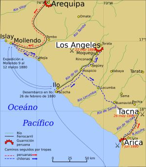 1880년 1월부터 6월까지 탁나 아리카 전역에서 칠레 및 연합군의 상륙 및 배치.