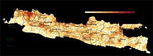 2022년 기준 자바 섬과 마두라 섬의 구(kelurahan)별 인구 밀도, 주요 도시 지역 표시