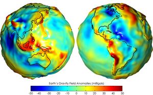 지구 표면의 물체가 받는 중력의 크기를 색으로 나타낸 사진