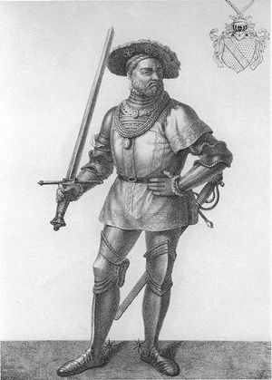 바덴-두르라흐 변경백 에른스트 프리드리히. 란츠크네히트 복장을 하고 있지만, 정강이 보호대는 전형적인 것이 아니다.