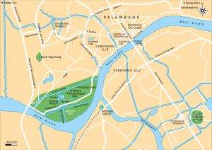 스리위자야 고고학 공원(녹색)은 팔렘방 중심부 남서쪽에 위치한다. 이 유적지는 부킷 세군탕과 무시 강을 연결하는 축을 형성한다.