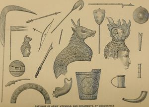 앙코르 와트에 묘사된 캄보디아 군대의 투구, 무기 및 무기고. 프랑스 탐험가 앙리 무오의 책에서 발췌.