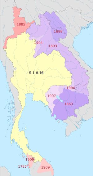 19세기 후반과 20세기 초 시암이 포기한 영토, 태국의 영토 손실 지도로 묘사됨. 프랑스-시암 분쟁의 결과로 1893년 라오스가 프랑스에 할양되었다.