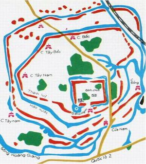 Cổ Loa 성채 지도 (붉은색: 성벽, 파란색: 물, 녹색: 초목)