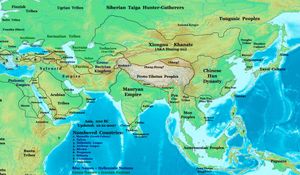 200 BC의 아시아 지도, 전한, 그리스-박트리아 왕국, 마우리아 제국 및 월지를 보여준다.