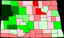 노스다코타주 각 군의 인구 증감률 (2010-20년)