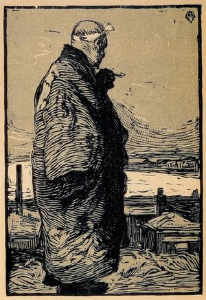 두꺼운 코트를 입고 바다를 바라보는 남자의 흑백 판화