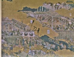 이와사 마타베에(岩佐又兵衛) 「낙중낙외도병풍(洛中洛外図屏風)(후나키본)」 우측 6폭. 1615년경. 국보. 가부키 춤이 보인다.