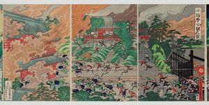 전쟁 그림. 가와가와 요시모리 작. 1869년. 「본능사 합전도」라는 제목이지만, 실제로는 보신 전쟁·우에노 산 전투