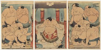 스모에(相撲絵). 샤라쿠 「다이도잔 도야이리(大童山土俵入)」 1794년. 토리쿠미(取組)를 하지 않는 미세모노(見世物)의 비만 소년.