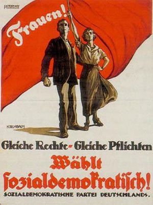 1919년 선거 포스터, 독일 사회민주당. "Frauen! Gleiche Rechte, Gleiche Pflichten" ("여성들이여! 동등한 권리, 동등한 의무")