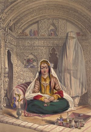 카불(아프가니스탄)의 여성들. 제나나 지역에서 부르카 착용이 완화되는 모습 – 제임스 래트레이의 1848년 석판화, 오리엔탈 및 인도 사무소 소장, 영국 도서관