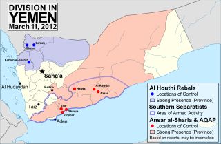 2012년 3월 상황, 남예멘 저항 세력의 존재 구역 표시