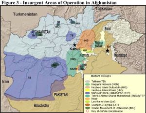 2010년 기준 아프가니스탄과 파키스탄 접경 지역의 반군 지역