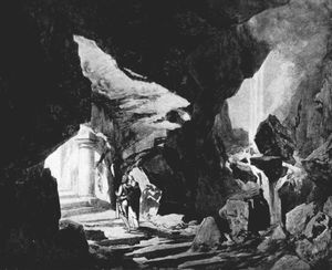 논란이 된 1903년 메트로폴리탄 오페라 공연의 무대 디자인: 구르네만츠가 파르지팔을 몬살바트로 인도함 (1막)