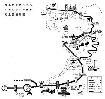 1964년 닛코 부근 경로도. 옛날 노면 전차·케이블카와 접속하고 있었다.