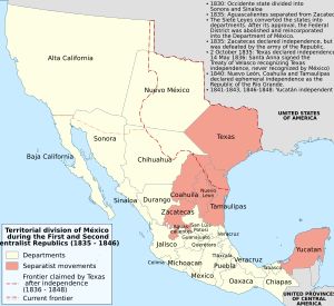 1835년부터 1846년까지의 멕시코 지도, 분리주의 운동 강조