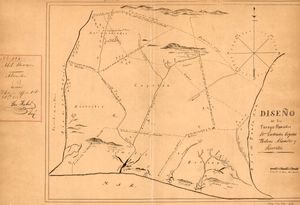 1852년 란초 로스 알라미토스(Rancho Los Alamitos), 란초 로스 세리토스(Rancho Los Cerritos), 란초 산타 거트루데스(Rancho Santa Gertrudes), 란초 로스 코요테스(Rancho Los Coyotes), 란초 라스 볼사스(Rancho Las Bolsas)를 묘사한 디자인(Diseño)
