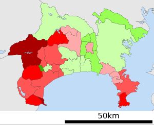 가나가와현 시정촌 인구 증감률 분포도(2015년도와 2020년도 인구 조사에서 산출)
