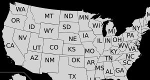 각 주와 컬럼비아 특별구에 ISO 3166-2 코드의 두 번째 부분이 표시된 미국 지도