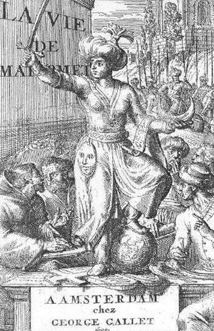 라 비 드 마오메}}(1699)에 묘사된 무함마드. 그는 칼과 초승달을 들고 지구, 십자가 및 십계명을 짓밟고 있다.