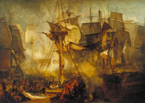 J. M. W. Turner, The Battle of Trafalgar (1806년경). 터너의 해양 풍경은 낭만주의 시대 바다에 대한 새로운 태도를 반영한다.