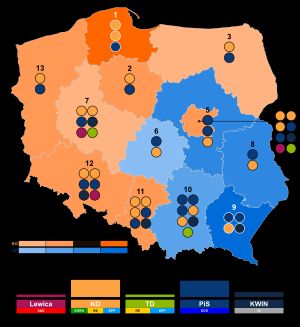 2024년 유럽 의회 선거 (선거구) PiS(파란색), KO(주황색)