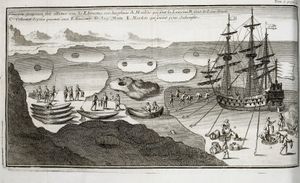 1697년 허드슨만의 얼음 속에서 이누이트와 접촉하는 유럽 배