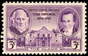 1936년 3월 2일, 미국 우정청은 텍사스 독립 선언 100주년을 기념하는 기념 우표를 발행했는데, 샘 휴스턴(왼쪽), 스티븐 오스틴, 알라모가 그려져 있다.