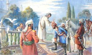 1747년 아흐마드 샤 두라니의 대관식을 묘사한 압둘 가푸르 브레슈나의 그림. 아흐마드 샤 두라니는 아프가니스탄의 건국 아버지로 여겨진다.