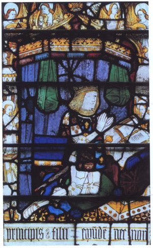 말번 수도원(Great Malvern Priory) 채색 유리창에 묘사된 기도하는 아서 왕자