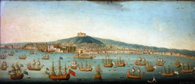 나폴리 만에 정박한 바잉 제독의 함대, 1718년. 가스파르 버틀러의 그림.