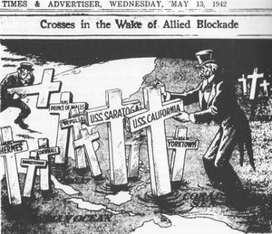 1942년 5월 13일 일본 영자신문 Japan Times & Advertiser의 사설 만화는 일본이 산호해 및 다른 곳에서 격침시켰거나 격침시켰다고 주장한 연합군 함선의 묘비를 세우는 엉클 샘과 존 불의 낙담한 모습을 보여줍니다.
