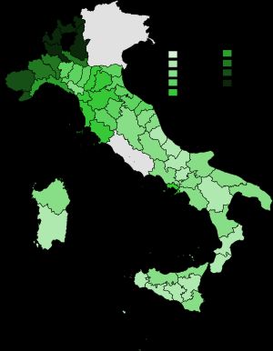 1861년 이탈리아 왕국 선포 직후 이탈리아의 문맹률. 이탈리아는 이후 합병된 라치오와 트리베네토를 포함하지 않았다.