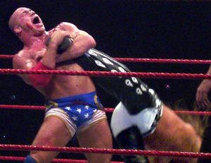  앵글이 숀 마이클스에게 앵클락을 걸고 있다