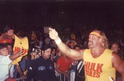 헐크 호건, 1989년 사진. 그는 1980년대 WWF의 최고 스타이자 프로레슬링 붐을 이끌었다.