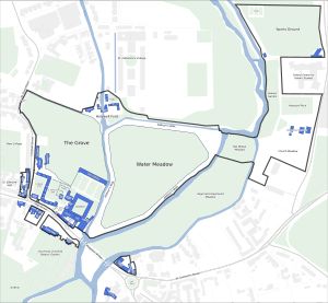 검은색으로 표시된 매들린 칼리지 건물과 부지 지도.