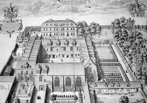 1675년 데이비드 로건(David Loggan)이 그린 트리니티 칼리지. 그림에는 1668년 완공된 북쪽 구획이 나와 있지만, 1684년 완공된 서쪽 구획은 나와 있지 않다