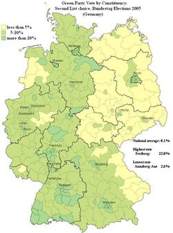 2005년 독일 연방 선거에서 독일 각 선거구별 연합 90/녹색당 득표율을 보여주는 지도