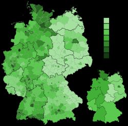 2019년 유럽 의회 선거에서 선거구와 주별 녹색당 득표율을 나타내는 지도. 어두운 색조는 더 높은 득표율을 나타낸다.