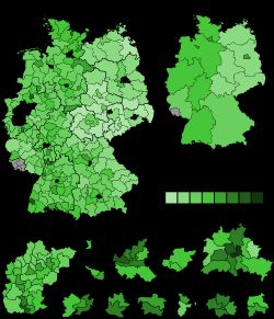 2021년 연방 선거에서 선거구와 주별 녹색당 득표율을 나타내는 지도. 어두운 색조는 더 높은 득표율을 나타낸다.