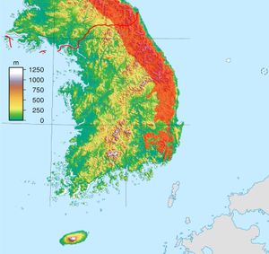 대한민국 지형도 (태백산맥 표시)