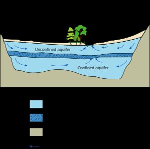 대수층 단면도. 두 개의 대수층과 그 사이에 있는 피압대수층(불투수층), 지하수가 유입되는 하천, 기반암인 억수층을 보여준다. 지하수면과 불포화대도 함께 표시되어 있다.