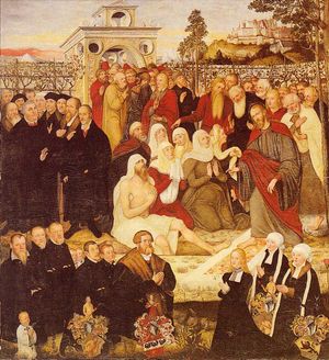 왼쪽에 루터, 예수에게서 부활하는 나사로, 루카스 크라나흐 1세(Lucas Cranach the Elder) 작품, 1558년