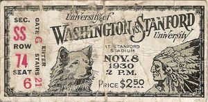 1930년 워싱턴 대학교 허스키 마스코트를 묘사한 미식축구 티켓