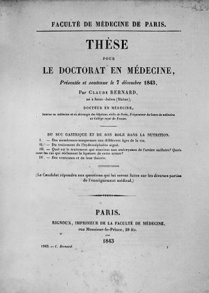 클로드 베르나르가 의학 박사 학위(1843년)를 받기 위해 제출한 논문의 표지