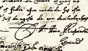 마리아나 알코포라도(Maria Anna Alcoforado)의 서명. 한때 서간체 소설 포르투갈 수녀의 편지의 저자로 여겨졌다.