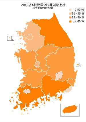 광역자치단체장 선거 투표율 지도. 색이 진할수록 투표율이 높음을 나타낸다.