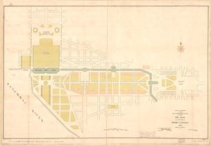 1791년 피에르 샤를 랑팡의 워싱턴 D.C. 도시 계획도. "그랜드 애비뉴"가 현재 내셔널 몰의 기원이다.